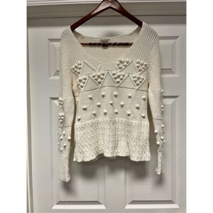 Ruff Hewn Cream V-Neck Popcorn Pom Pom Knit Sweater sz L NWOT
